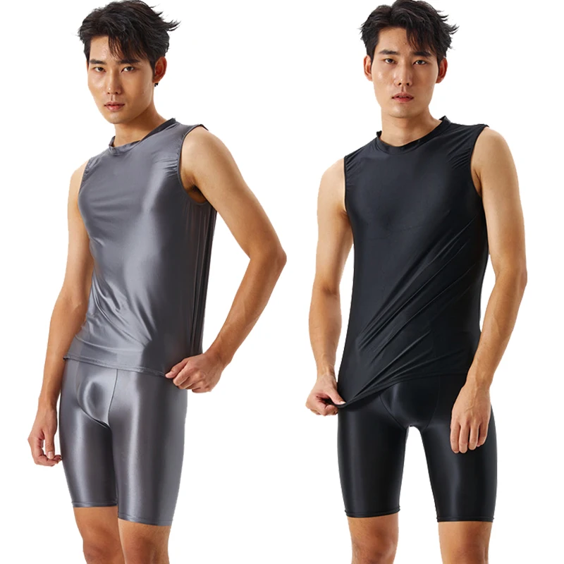 

sexy men silky shiny tight transparent vest five-point pants oily fitness shorts glossy swimming sports Yoga suit plus size