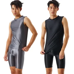 sexy men silky shiny tight transparent vest five-point pants oily fitness shorts glossy swimming sports Yoga suit plus size