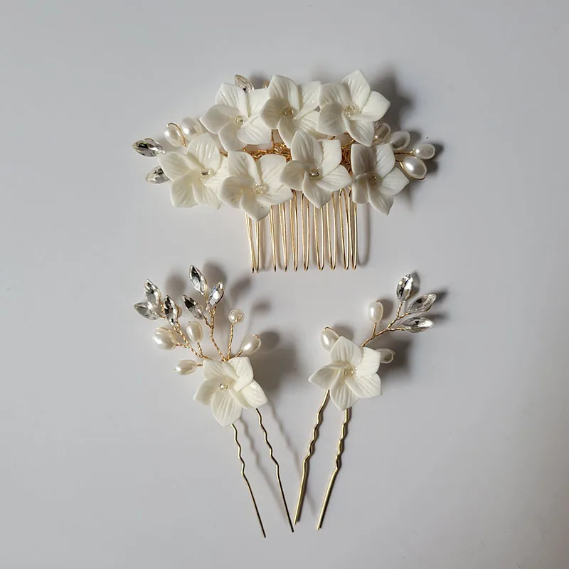 SLBRIDAL Handmade Ceramic Flower Leaf Pearls Bridal Headband Hair Comb Hair Pin Wedding Headpiece Hair Accessories Women Jewelry