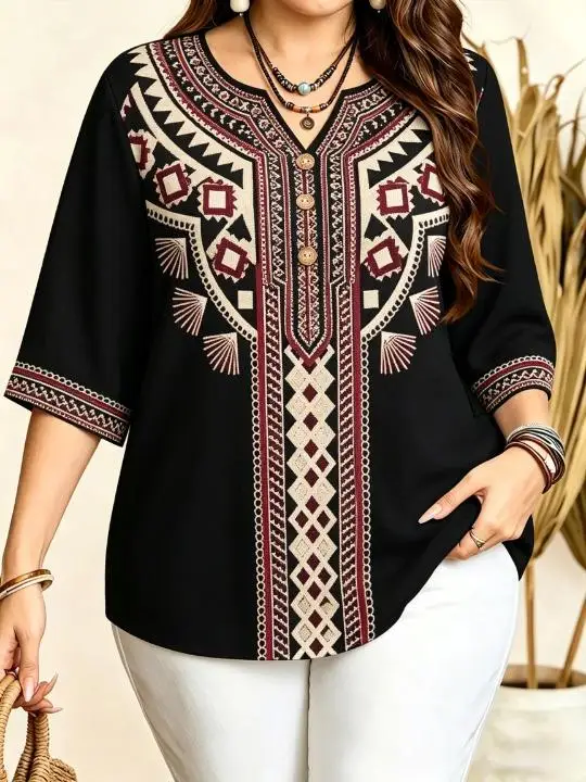 Women Boho Ethnic Geometric Print Blouse Notched Neck 3/4 Sleeve Loose Casual Ladies Tops Retro Tribal Pattern Shirts