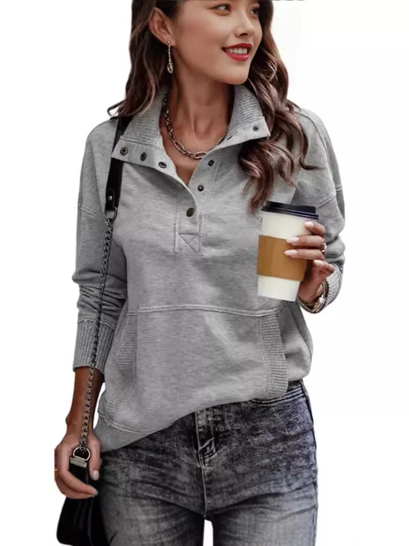 

Женская стильная толстовка с карманами и пуговицами, однотонный уличный пуловер большого размера, уютная осенне-зимняя толстовка Kpop Y2K, шикарная толстовка с капюшоном