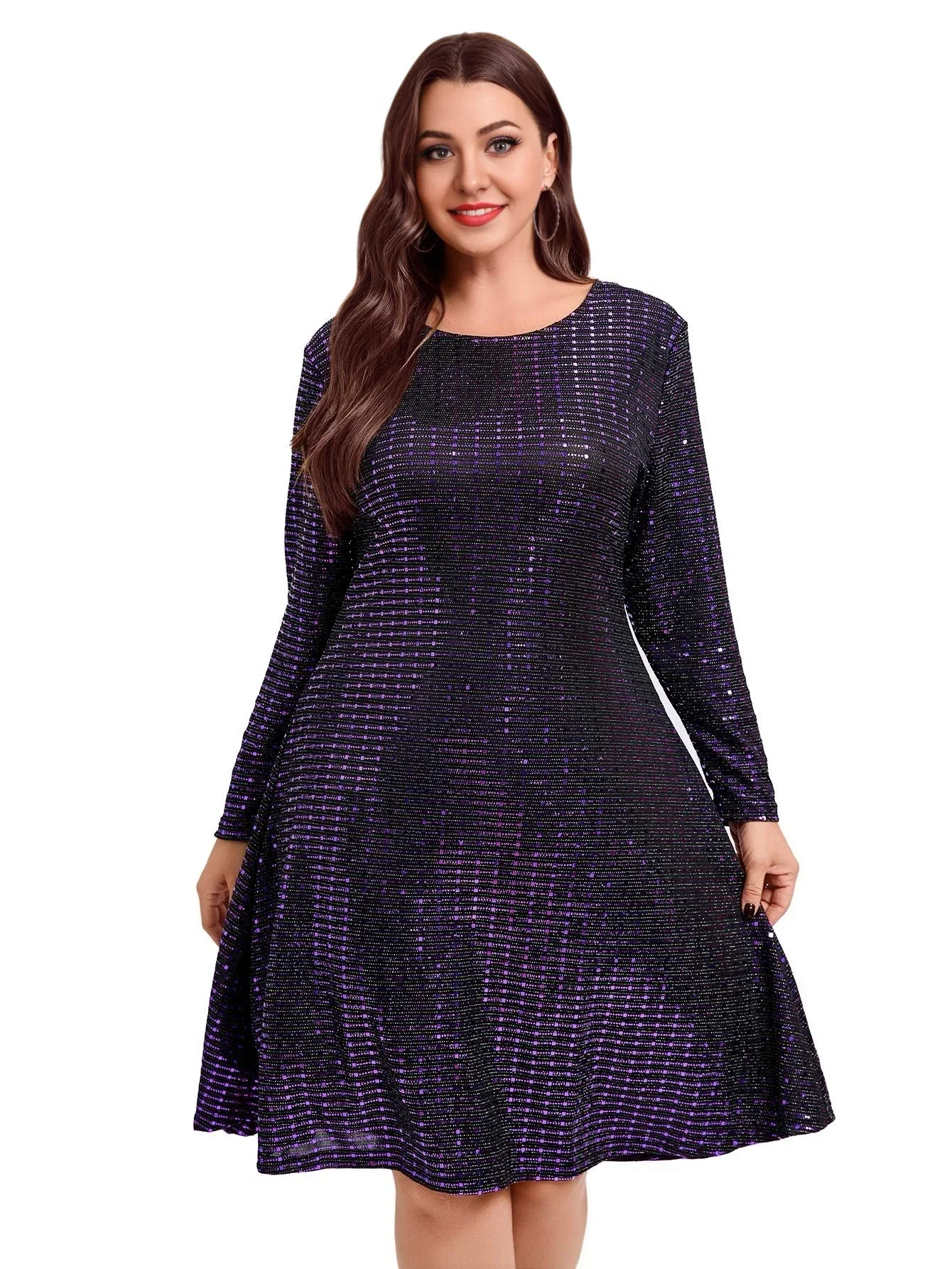 omens Plus Size Sparkly Glitter Swing Dress Long Sleeve Fall And Winter Metallic Night Out Dress Scoop Neck Formal Cocktail 6XL