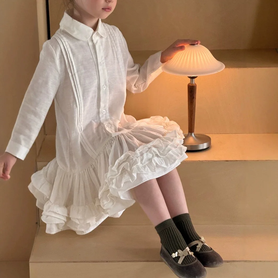 2026 Autumn New Girls' Retro Versatile Long Sleeve Shirt Dress Preppy Style Girls' Turn-down Collar Cake Dress