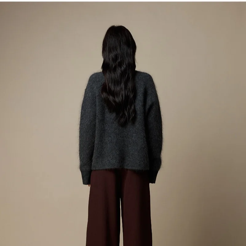 Birdtree, gebreide trui van mohairmix, dames coltrui basics gebreide kleding, pluche tops, 2025 herfst winter grijze trui T5N803JF