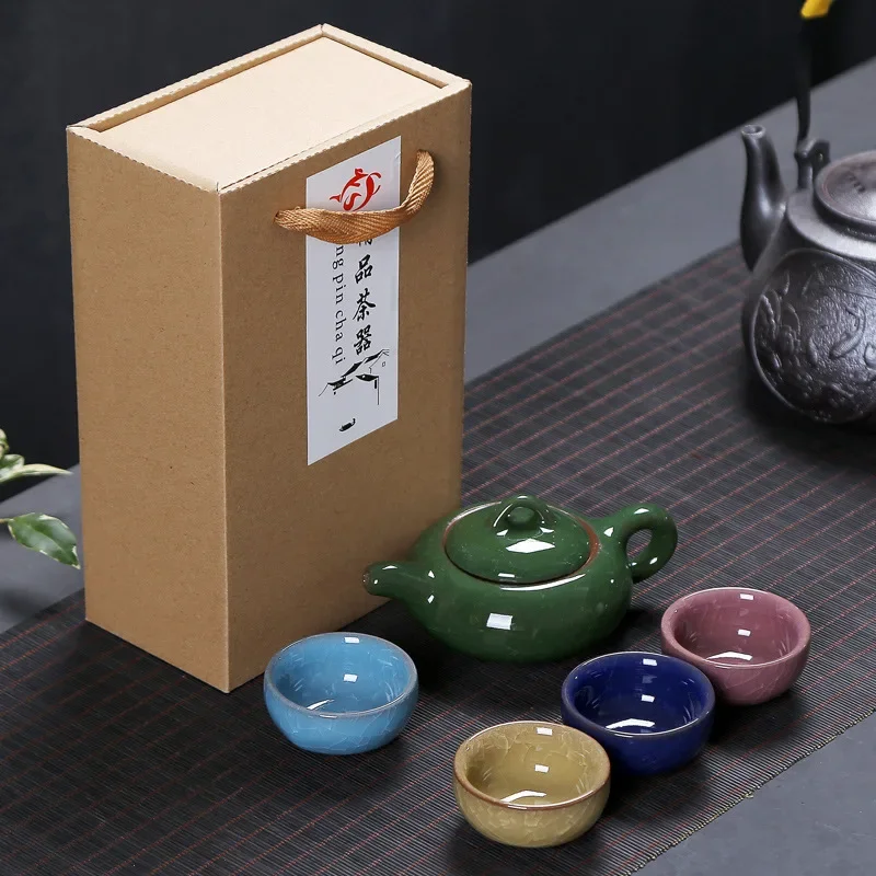 Chinese Ceramic Teapot 1 Pot 4 Cups Colorful Ice Crack Style Kung Fu Tea Set Home Office Cup