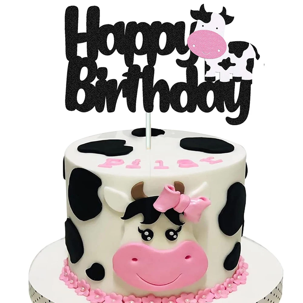 Cow Happy Birthday Cake Toppers Glitter Farm Animals Birthday Cow Cake Pick Decor for Cow Theme Baby Shower Boy Girl Birthday