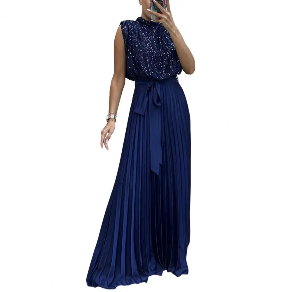 

Elegant Women Maxi Dress Shiny Sequin Sleeveless Lace-up Tight Waist Hollow Back Pleated Prom Party Evening Dress