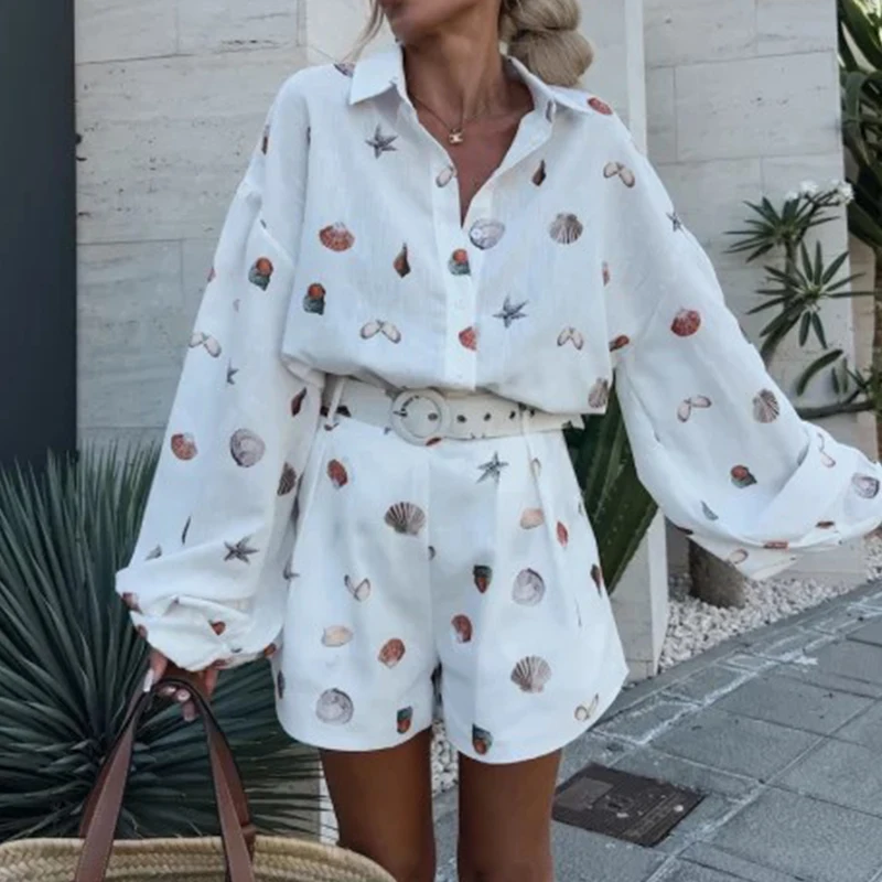 Loose Beach Outfits Women Group Of Pants Suit Ladies Shell Print Button Long Sleeve Blouse&Shorts Set Summer Elegant Two Piece