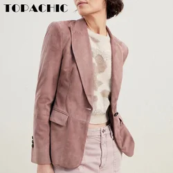 7.30 TOPACHIC Women's Fashion Cow Suede Bead Chain Single Button Blazer Bead Chain Collar Spliced Collect Waist Jacket