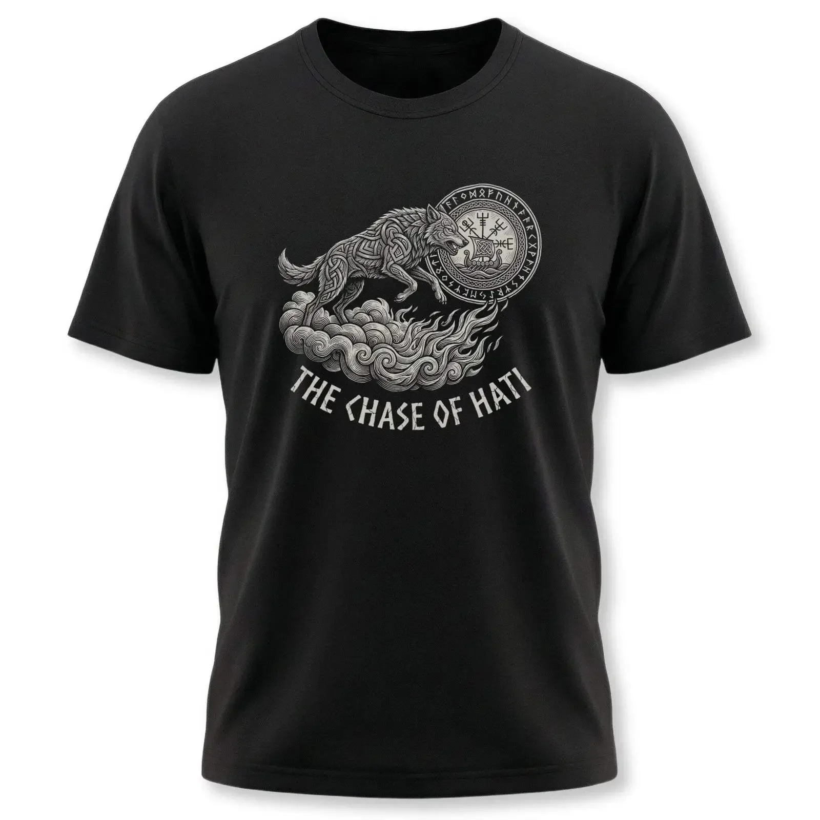 The Chase of Hati Norse Mythology T Shirt Viking Wolf  vintage Washed Versatile fashion homme graphic Casual streetwear
