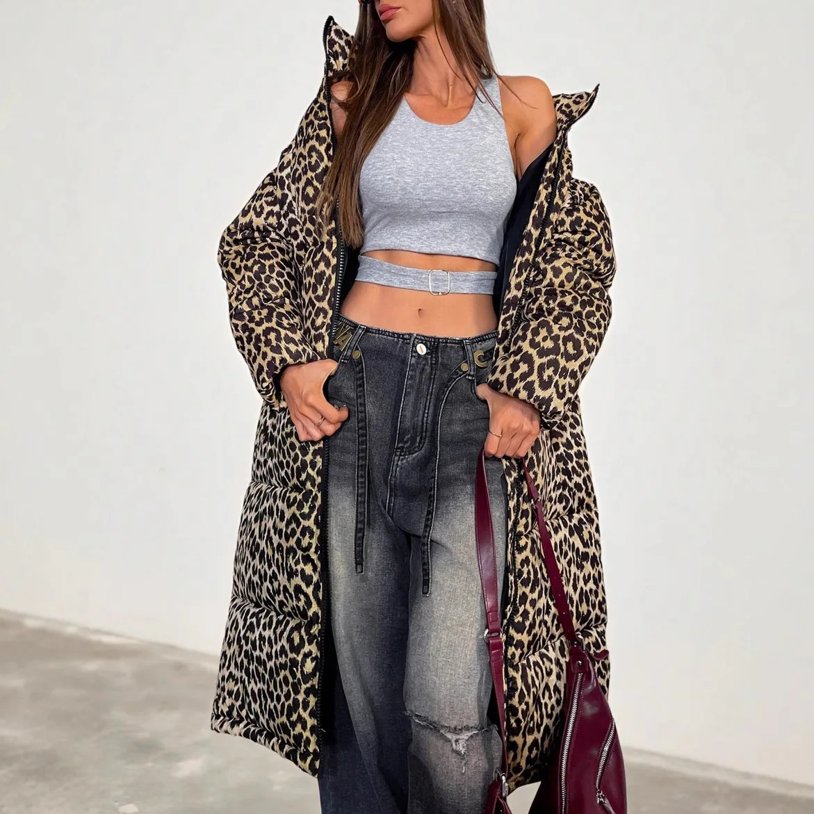 

Зимняя хлопковая куртка выше колена 2025 года, хлопковое пальто с леопардовым принтом, теплая хлопковая одежда, стильная верхняя одежда в стиле Royal Sister