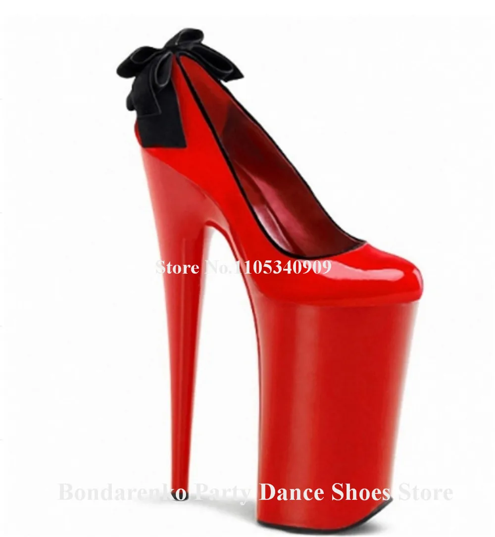 Bondarenko Red Patent Leather Stiletto Heels Pumps Round Toe Back Bowties Super High Platform 23cm Thin Heel Dance Shoes
