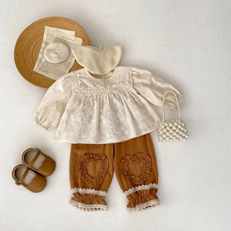 

0-3Years Princess Newborn Baby Girl Clothes Long Sleeve Lace Embroidery Flower Shirt Tops Ruffles Heart Pant Autumn Outwear Suit
