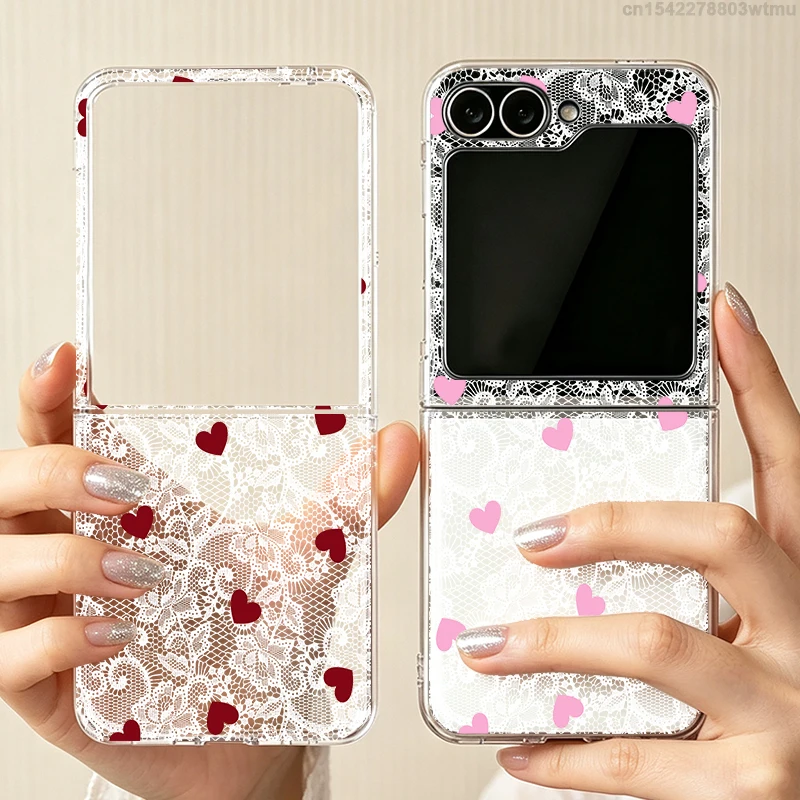 Lace Love Heart Phone Case For Samsung Galaxy Z Flip 6 ZFlip5 Shockproof Folding Cover for Samsung ZFlip 8 4 3 7 Shell Fundas