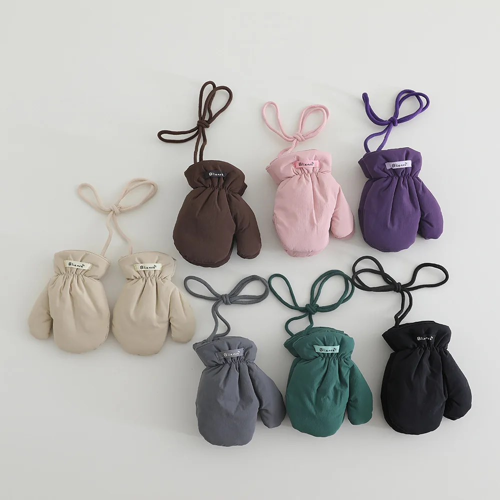 1 Pair Kid Cute Solid Color Gloves Winter New Warm Fleece Lined Waterproof Mittens With Neck Strap Lanyard For Boys Girls
