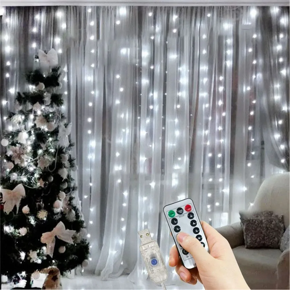 Guirnalda de luces LED con control remoto USB, guirnalda de hadas de Navidad, cortina de luz, decoración para el hogar, vacaciones, Año Nuevo, 8 modos