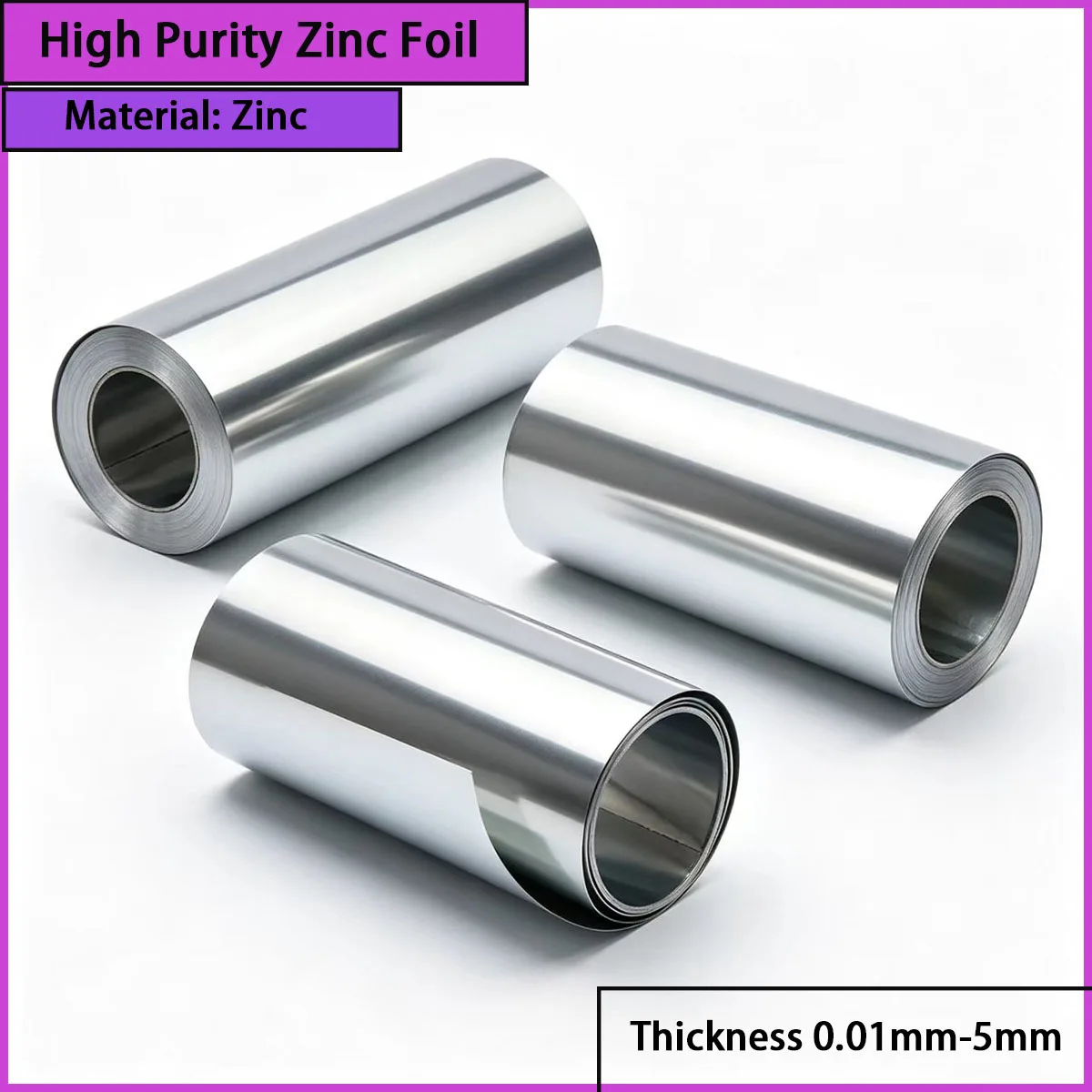 

High purity zinc foil with a thickness of 0.01mm-5mm is used for electromagnetic shielding, battery electrodes, etc