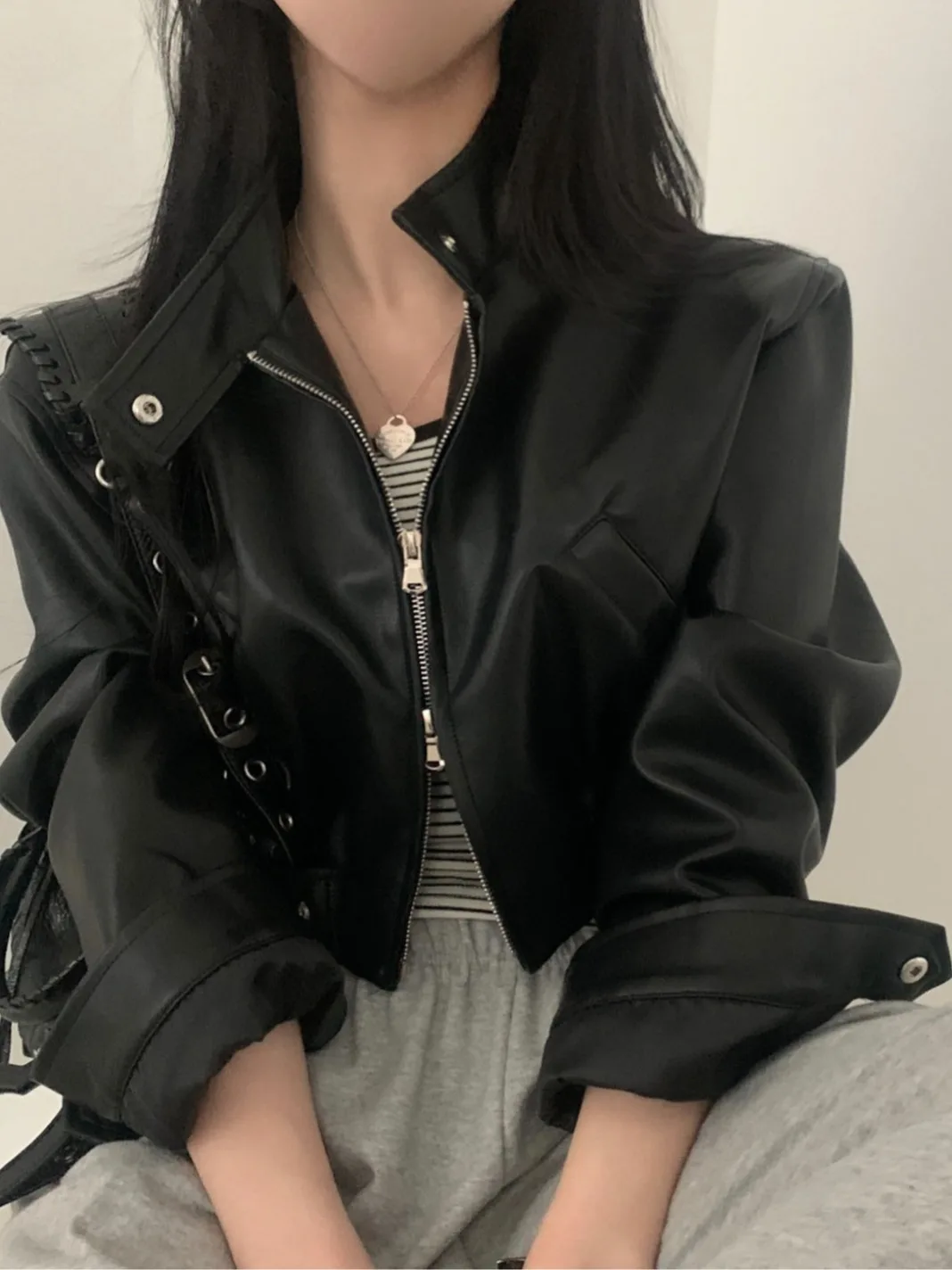 Chic ort sciolto lungo Sve colletto alla coreana in pelle PU Jaet abbigliamento da motociclista capispalla per donna autunno nuovo design Sle