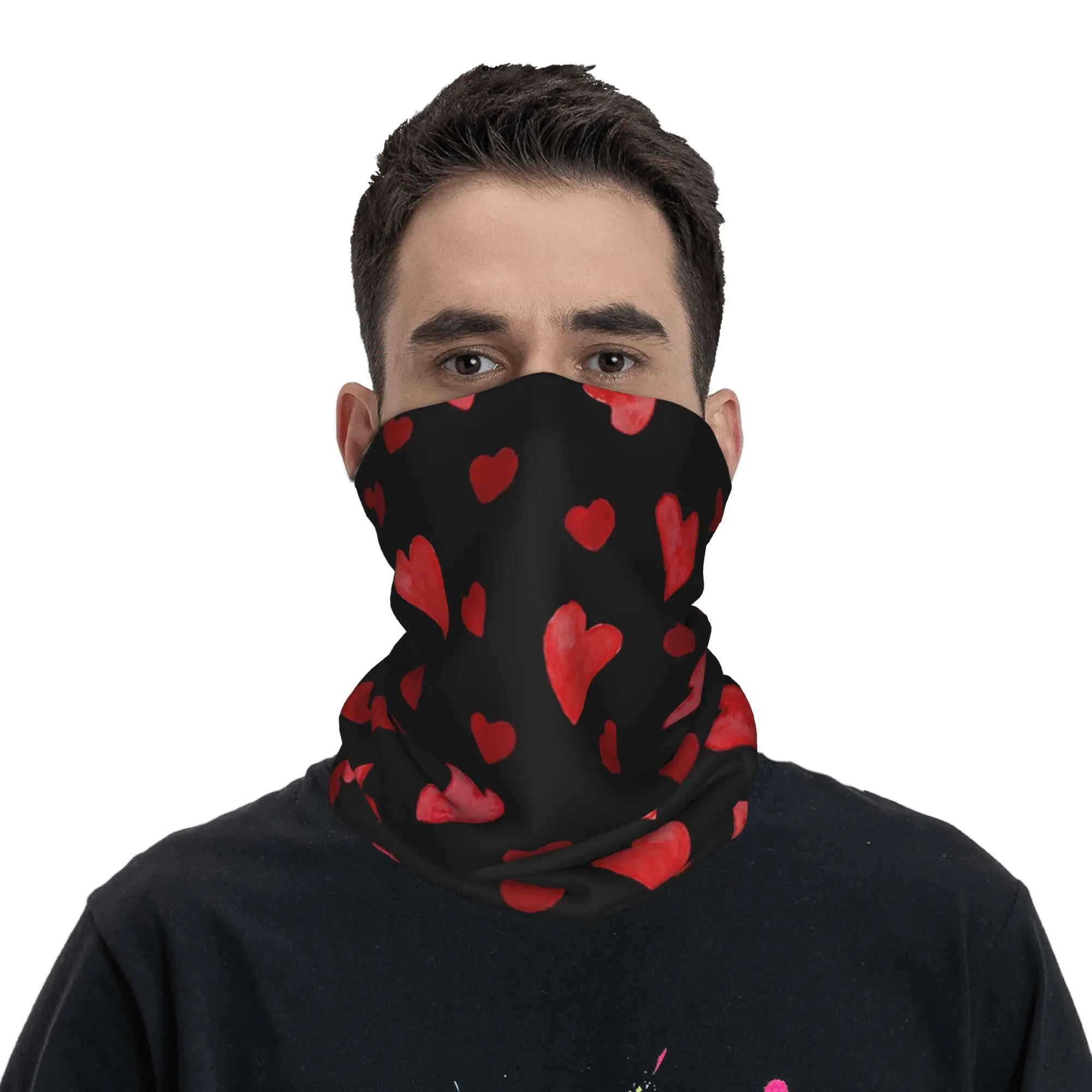 

Red Love Hearts Pattern On Black Bandana Neck Gaiter Printed Wrap Scarf Balaclava Running for Men Women Adult All Season