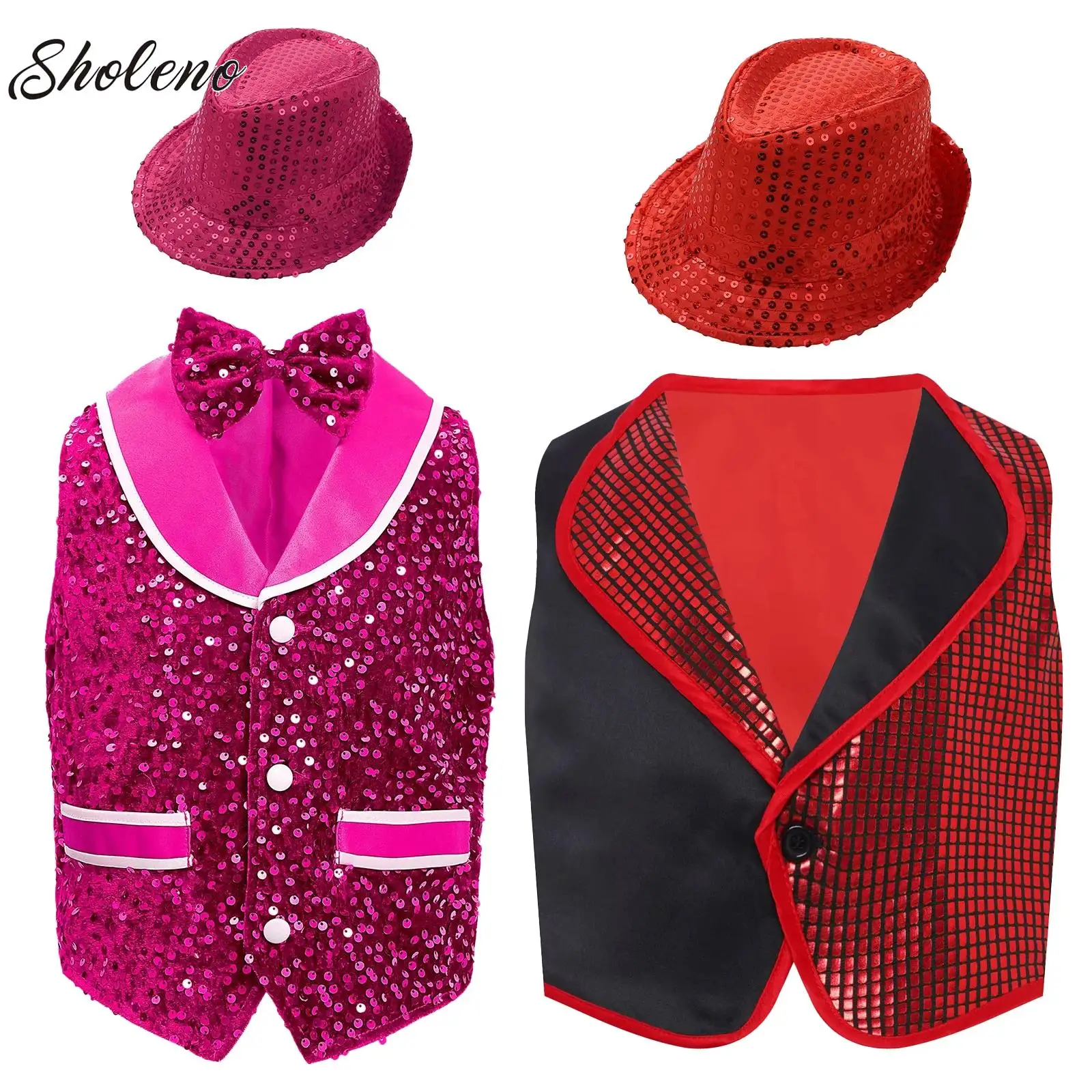 

Kids Boys Jazz Dance Costume Glittery Sequin Vest Waistcoat with Hat Dancewear Set Modern Stage Performance Competition Tops
