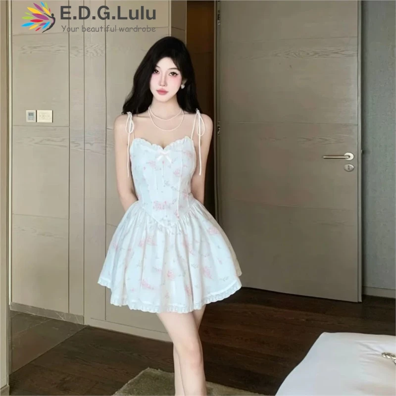 EDGLuLu Sommerkleid mit quadratischem Kragen, Spitze, Spleißen, Hosenträger, Damen, 2022, Strandurlaub, rückenfrei, Blumendruck, Minikleid