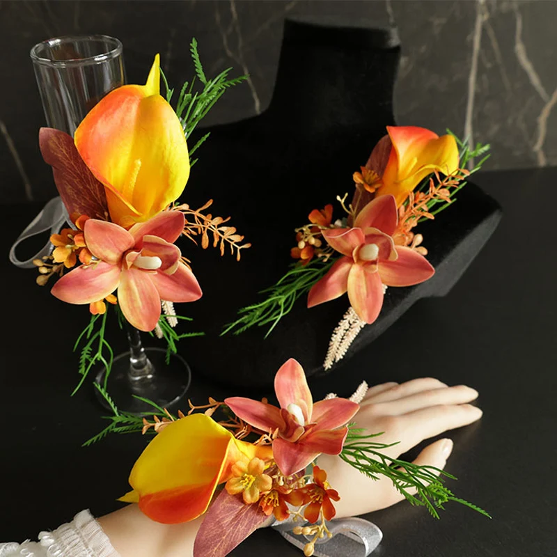 25021 Orange-yellow Bohemian Rose Flower Corsage & Wristlet Set - Perfect for Brides, Groomsmen, and Wedding Decorations