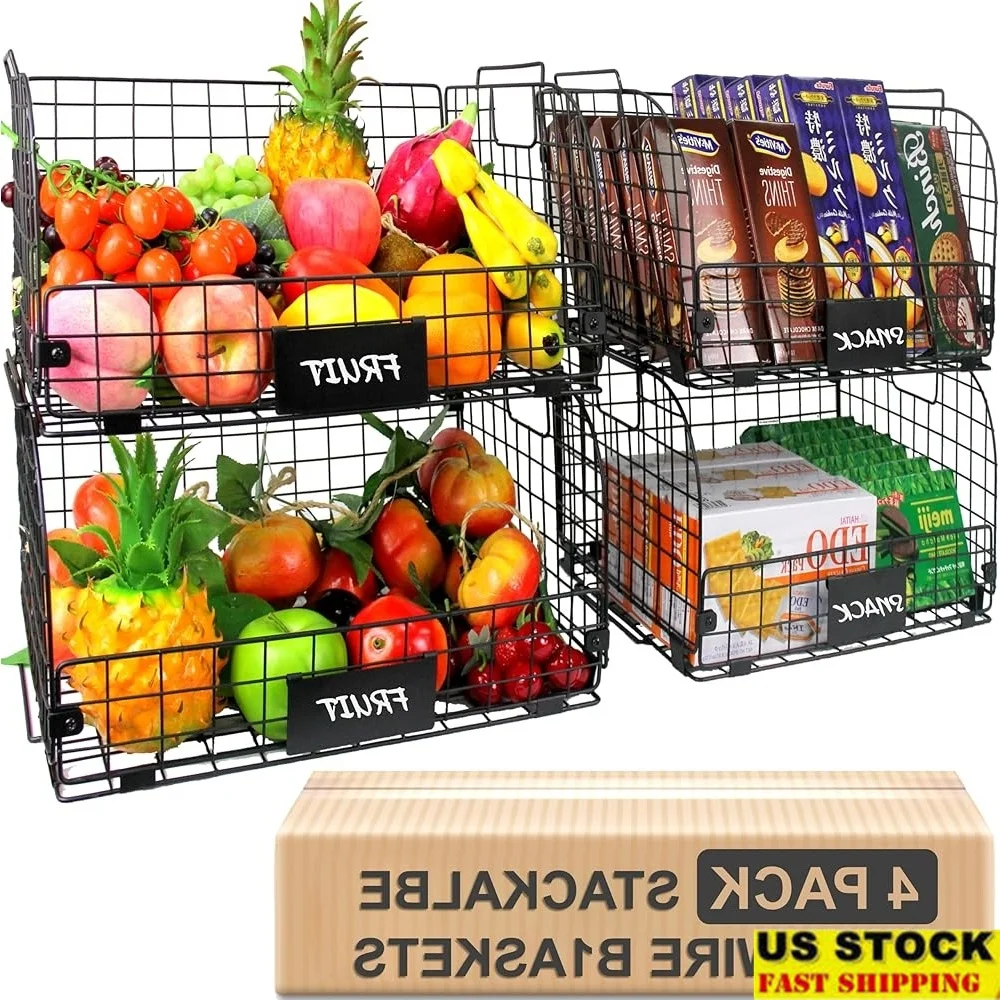 

4 Pack XXL Stackable Wire Storage Baskets Kitchen Pantry Organizer Metal Fruit Basket Set Home Office Laundry Craft Room