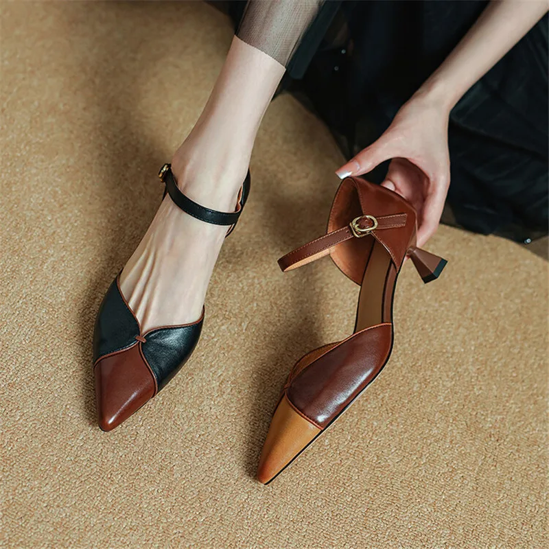 Genuine Leather Summer Sandals Pointed Toe High Heels Sandals for Women Zapatos Mujer Mixed Color Cover Toe Sandals Ladies Shoes