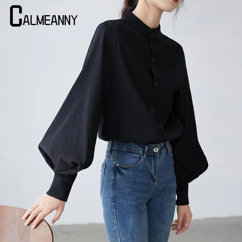 Primavera moda feminina sólida gola casual elegante moda das mulheres blusa camisa lanterna manga longa camisas femininas