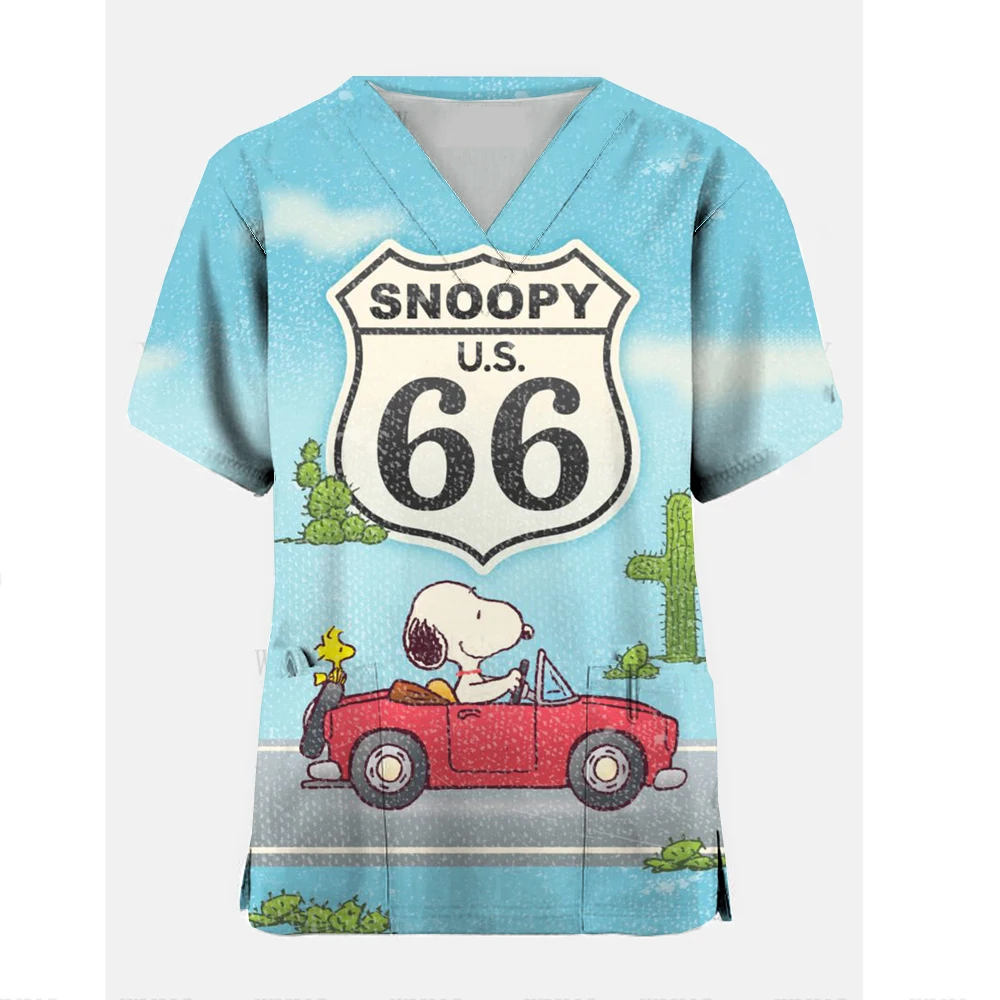 Women T Shirt Snoopy Route 66 print Pockets V-Neck Scrubs Uniforms Pet Grooming Nurse Spa Caring Tees Top De Enfermeria Para