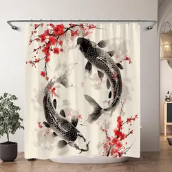 Chinese Japanese Koi Ink Painting Shower Curtain Red Cherry Blossom Wave Fish Watercolour Painting Bath Curtains Bathroom Decor