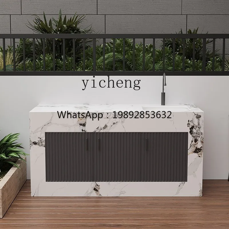 outdoor rock slab column basin island ceramic wash basin with aluminum alloy door courtyard hand washing operation bar