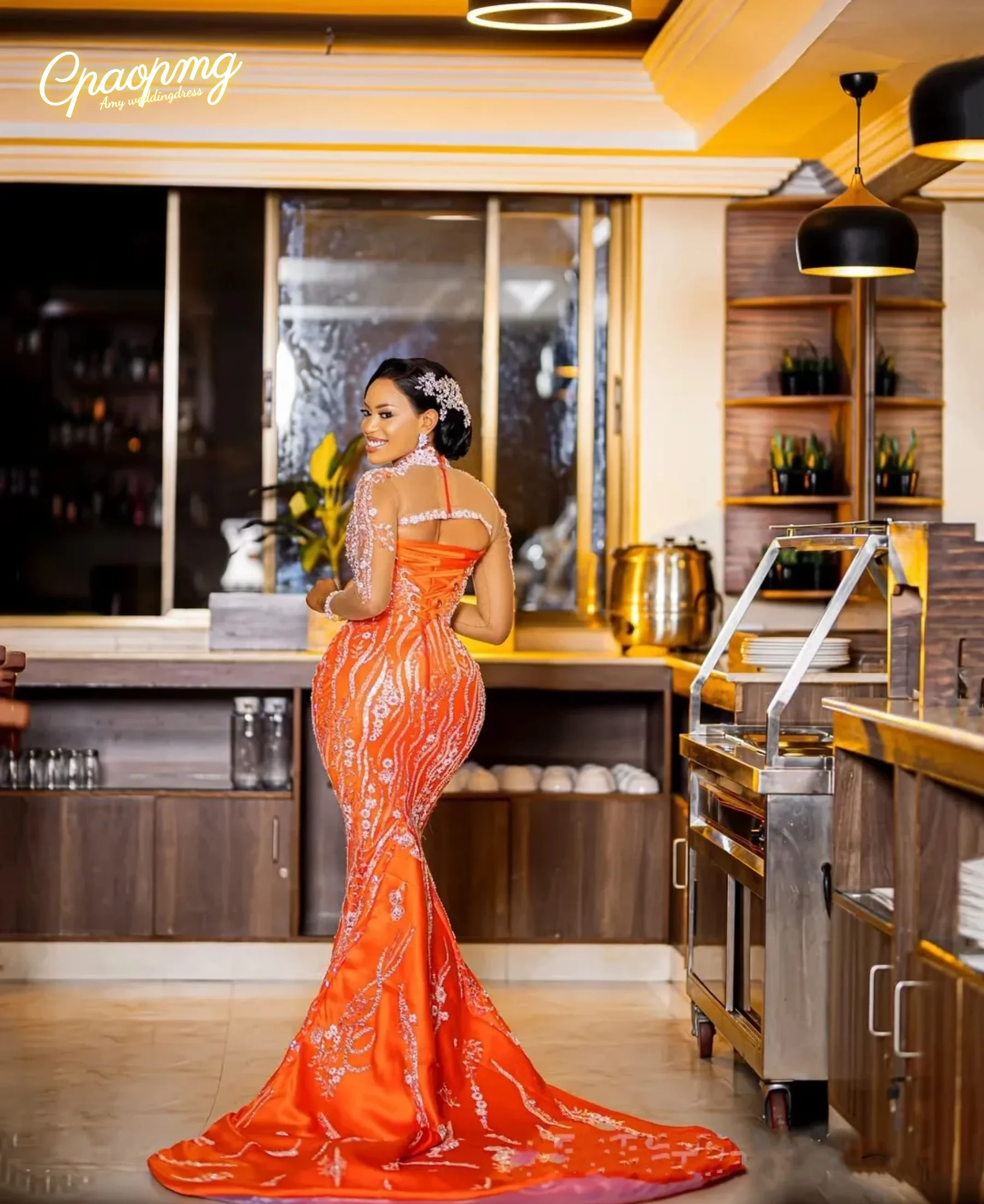 Customized Plus Size Orange Prom Dresses Mermaid Evening Dresses High Neck Long Sleeves Beaded Second Reception Gowns فساتي