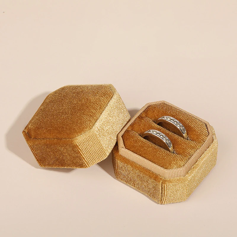 Top Grade Velvet Octagonal Couple Rings Gift Box Vintage Solid Earrings Double Rings Peckage Cases Jewelry Display Holder