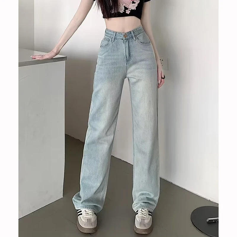 

2026 Girls Fashion Straight Leg Thin Jeans Women Classic High Waist Casual Denim Pants Female Light Blue Versatile Trousers