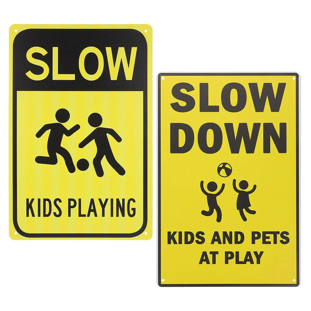 2 Pcs Safety Signs Kids Playing for Caution Wall Decoration Street Warning Traffic Iron Road Slowing down