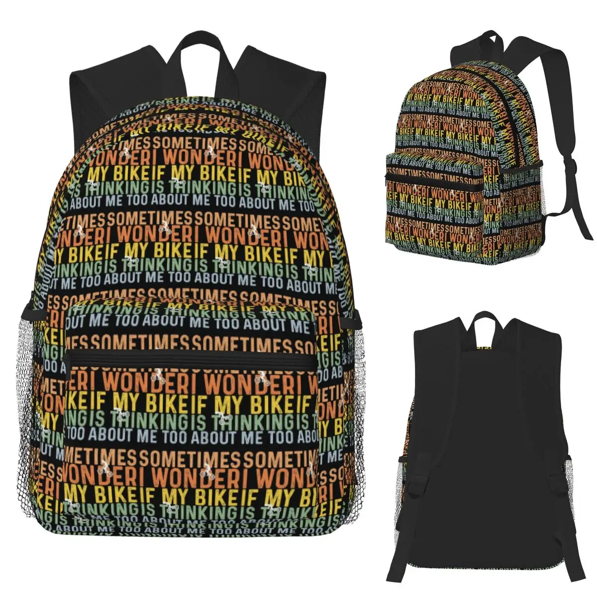 

Funny Colorful Cycling Quote Bike Thinking Of Me Too Student Backpack School Bag Hiking Travel Daypack Bookbag Shoulder Bags