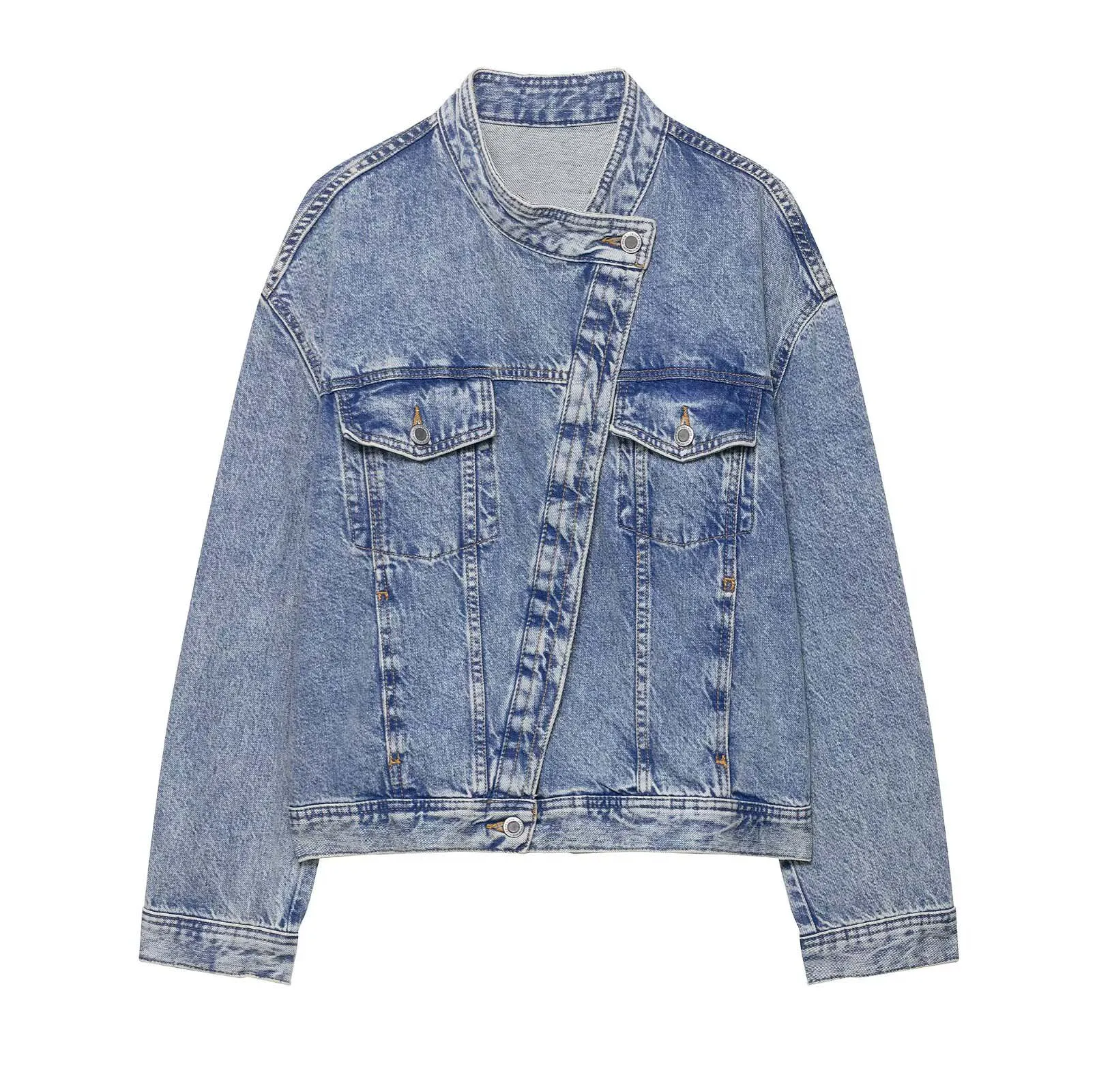 

Crossover Denim Jacket Women Autumn Winter Long Sleeve Round Neck Front Pockets Fashion Jackets Coat Casual Outerwear Outfits