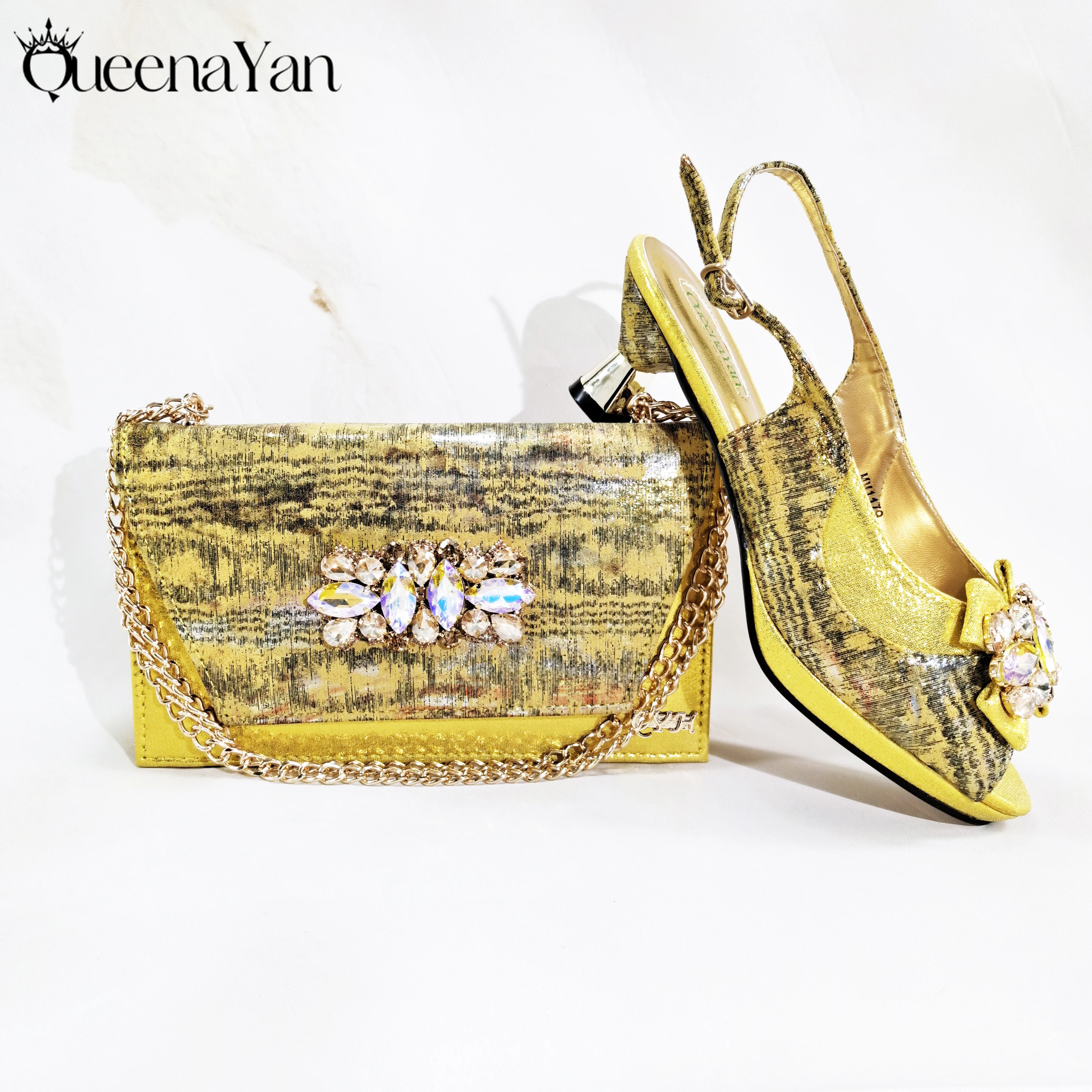 

Queena Yan Yellow Color Print and Rhinestone Metal Decoration Design Luxury Party Wedding Lady Shoes & Matching Accessories Bag