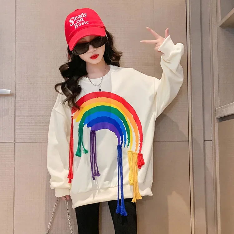 

2024 Children Rainbow Sweatshirts For Girls Cotton Clothes Long Sleeve Baby Tops Kids Spring Fall Clothes 4 7 8 11 12 13 14Years