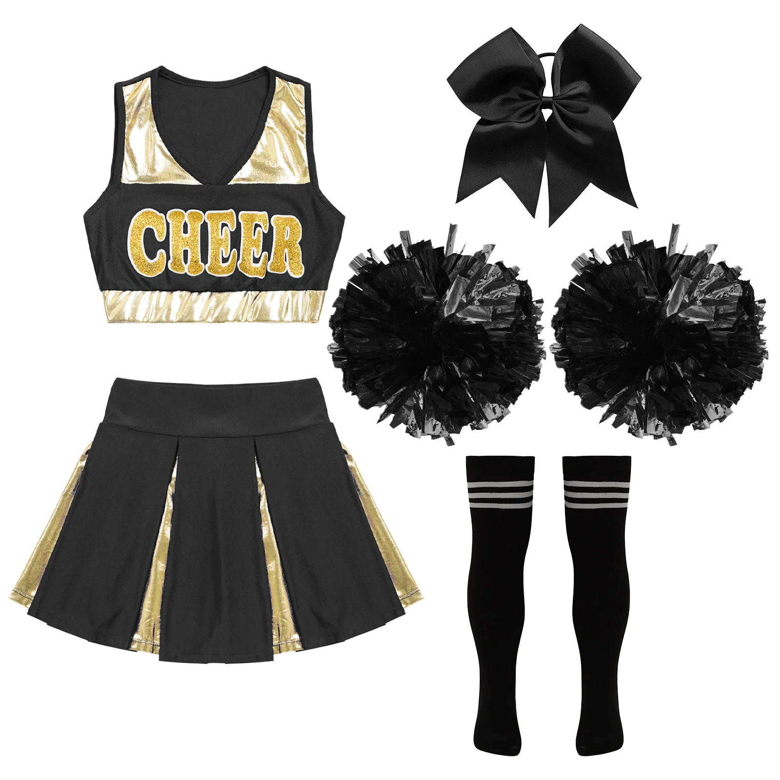 Meninas Cheerleading Roupa de Dança, Uniforme de Desempenho Reunião Esportiva, Colheita com Saia, Laço de cabelo, Meia De Tubo De Bola De Flores, Crianças