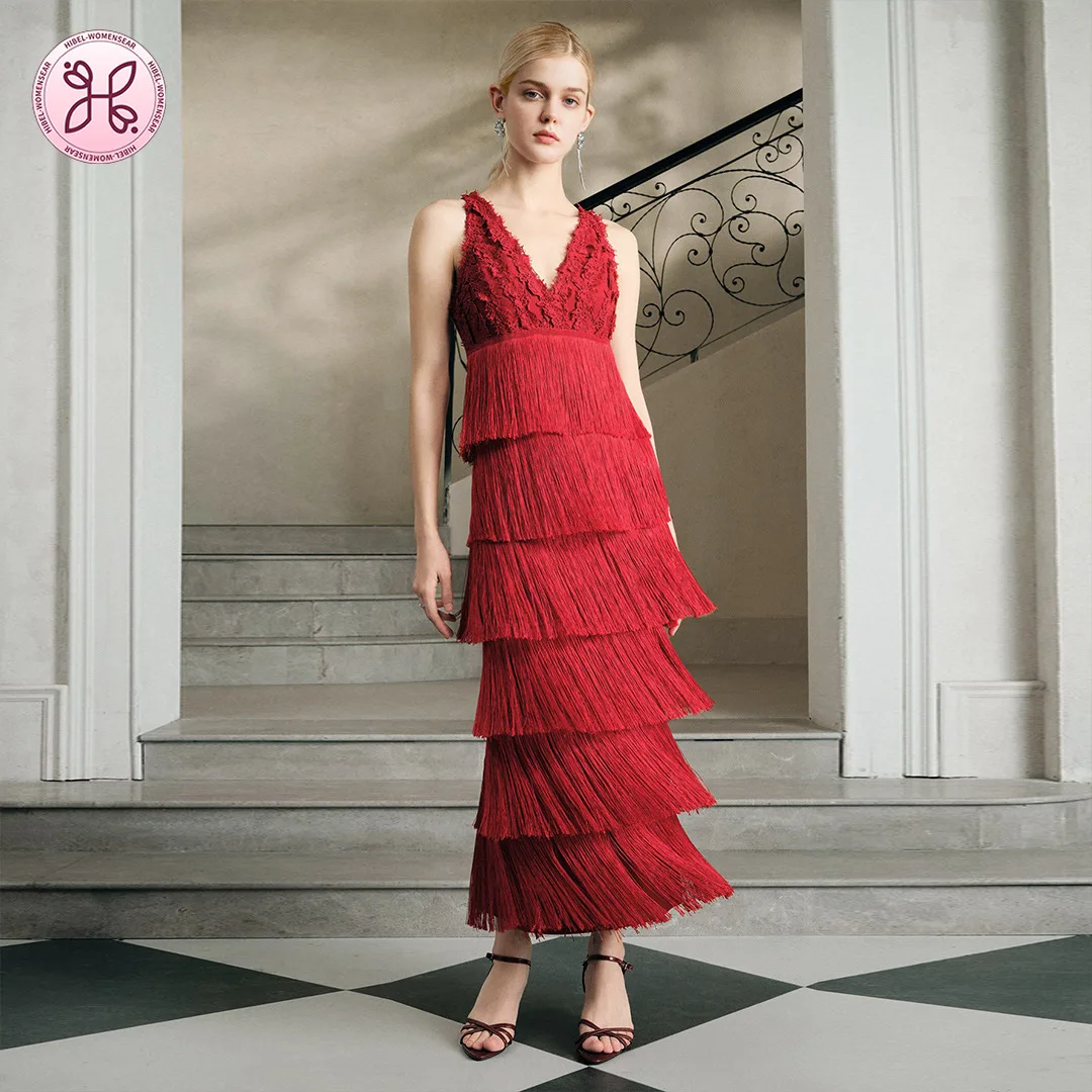 

High-End Lace Trim Slimming Bandage Dress, Fringe Layered Detail Design Midi Length Women's Elegant Banquet Dress