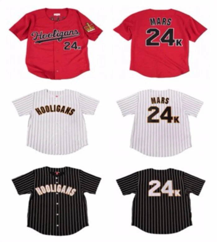 2023 Bruno Mars 24K Hooligans White Black Pinstriped Red White