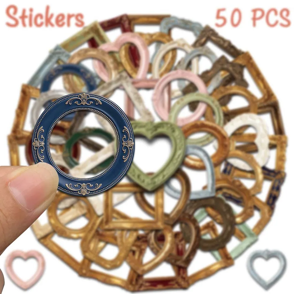 50pcs Vintage Hollow Frame Stickers Ornate Baroque Picture Frame Aesthetic Decals For Scrapbook Journal Laptop Magazine Guitar