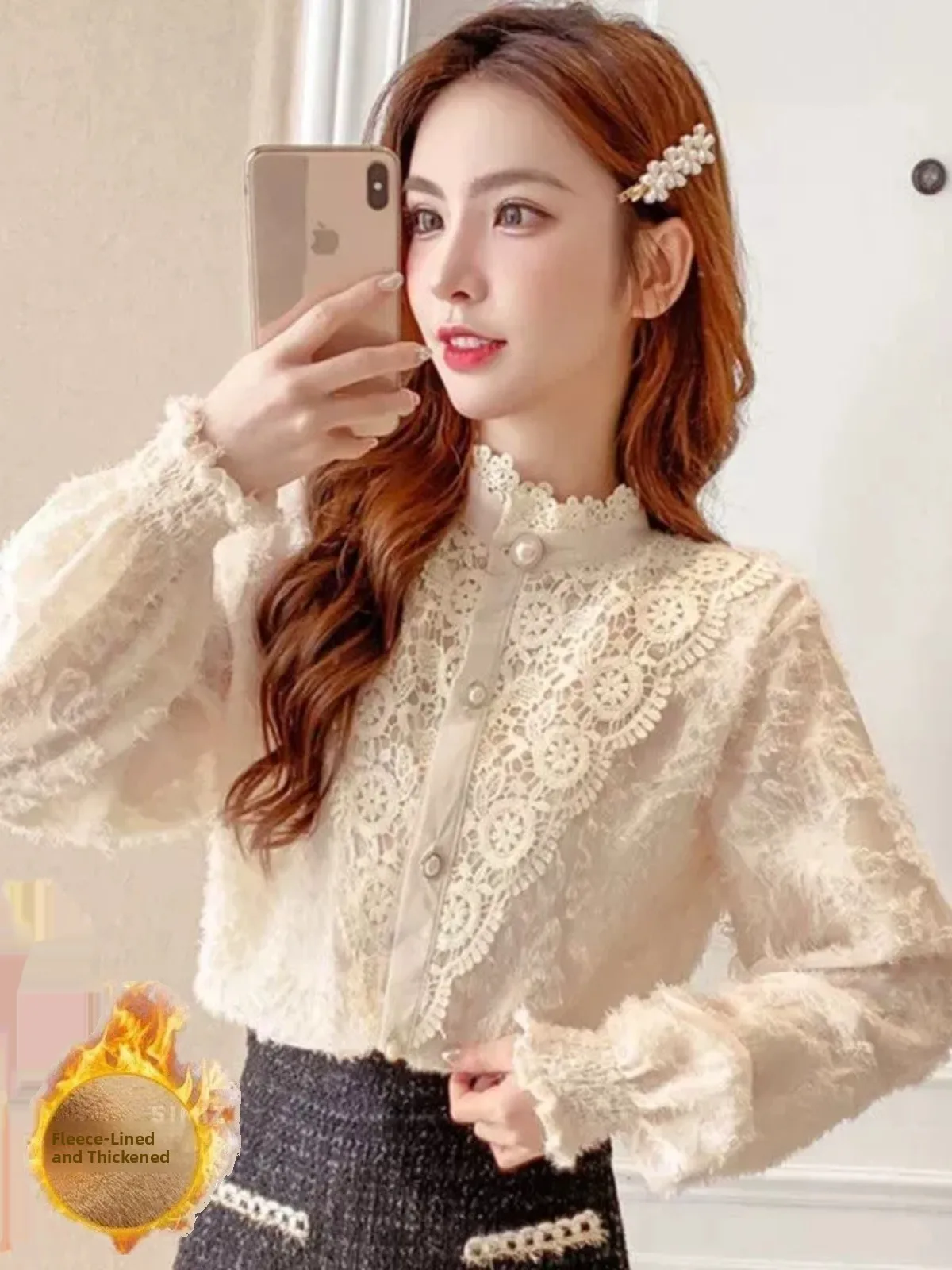 

Women's Lace Base irt Hollow out f High Collar Long Sve Faionable European Sle Inner Wear for Autumn Winter