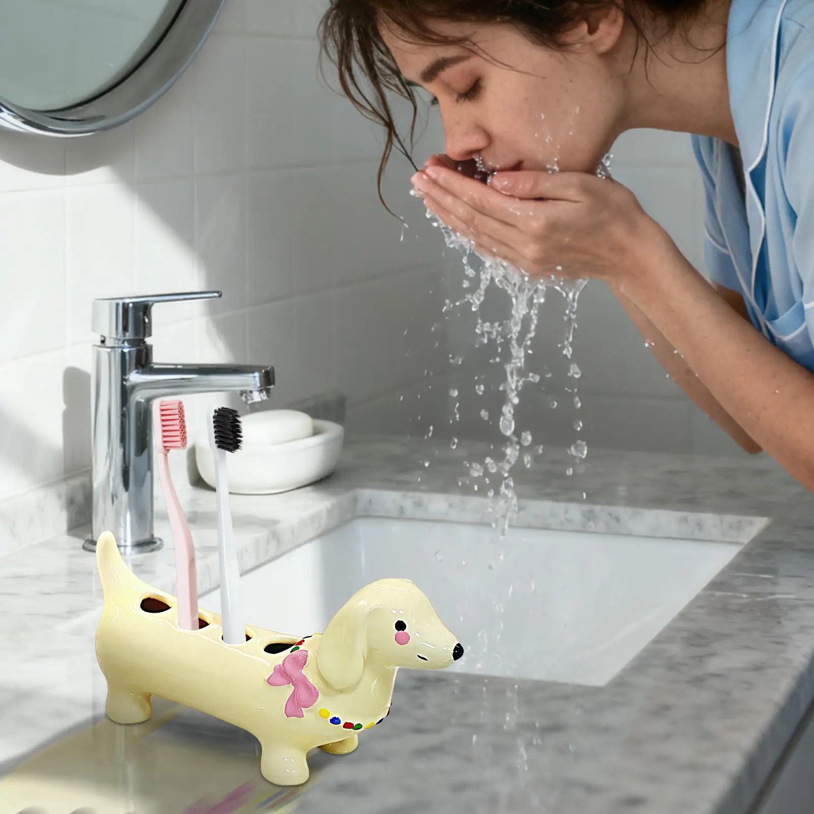 

Animal Toothbrush Holder 4-hole Makeup Brush Organizer Ceramic Dog Shaped Toothbrush Holder for Pens Pencils Home Decor Toilet