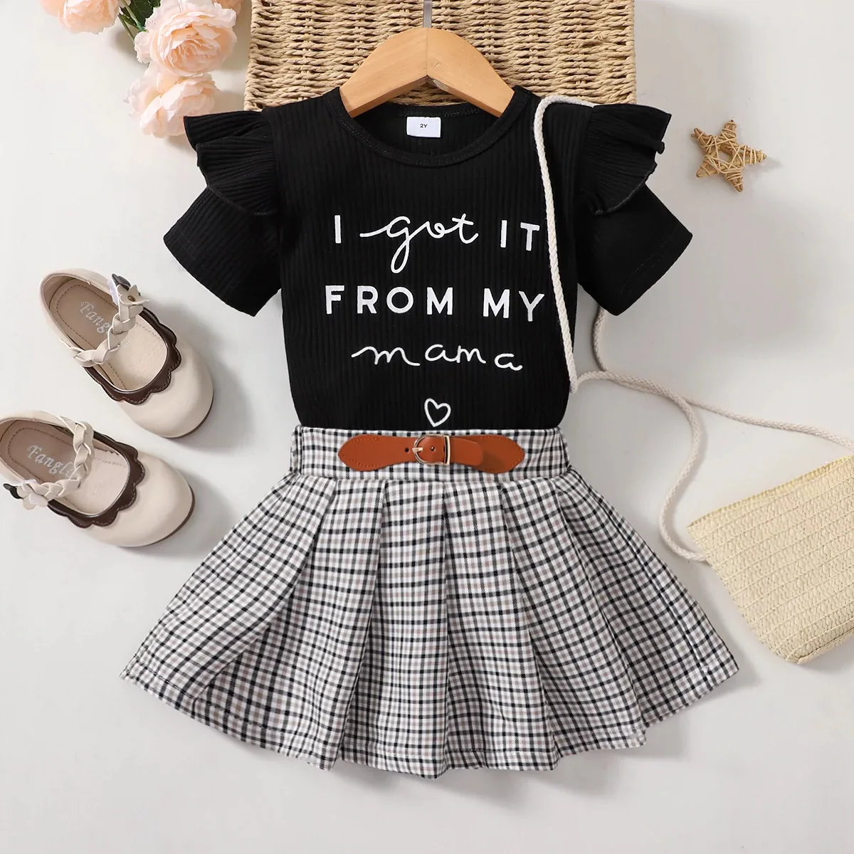 2024 Summer baby Kids Girls clothes Flying Sleeve cotton letters striped t-Shirt + belt checked Pleated Skirt 2 3 4 5 6 years