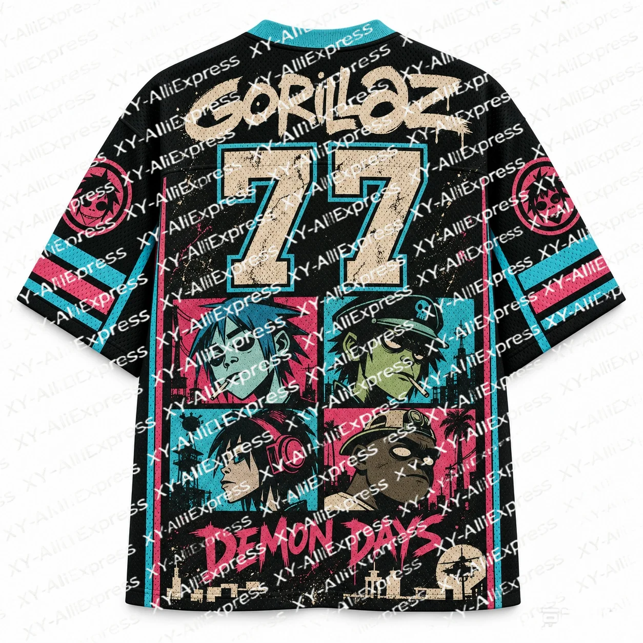 Street Graffiti Art Jersey with Panel Cartoon Graphics, Vibrant Bold Colors, Perfect Unique Gift for Fans of Urban Print Art.