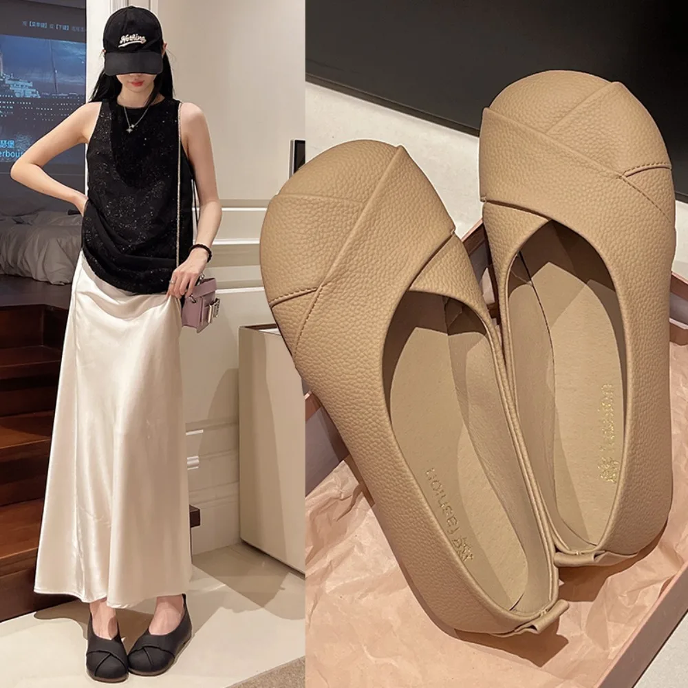 Skin Friendly Soft Leather Cross Front Ballet Flats Ladies Comfort Slip On Flat Shoes Daily Wear Office Dress Shoes