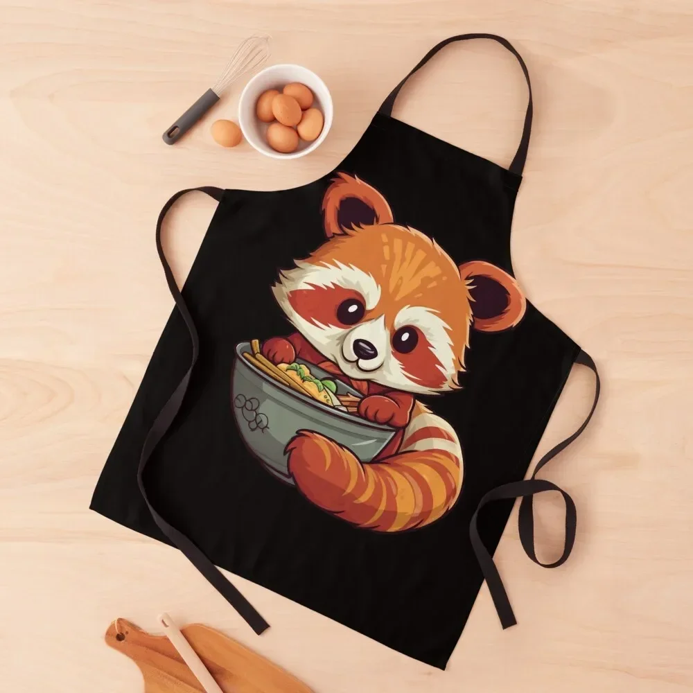 Cute Red Panda Eating Ramen Apron cook wear Kitchen For Men Apron